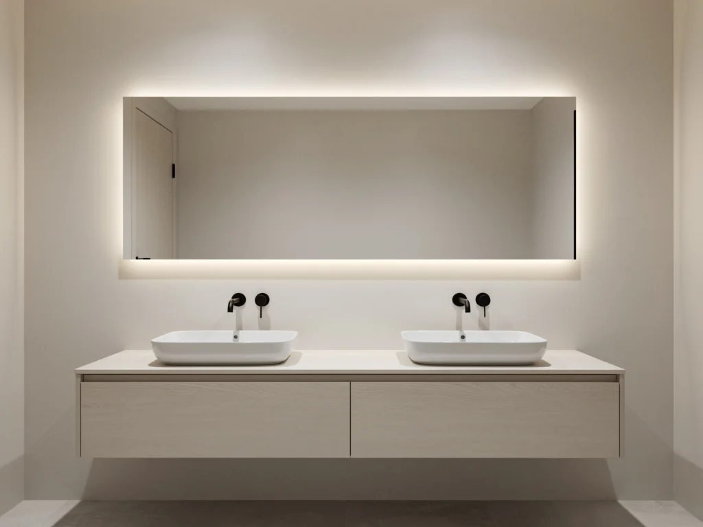 Meuble double vasque suspendu et grand miroir dans une salle de bain refaite