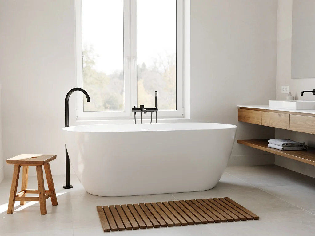 Baignoire îlot et robinetterie noire mate sous une fenêtre, ambiance lumineuse